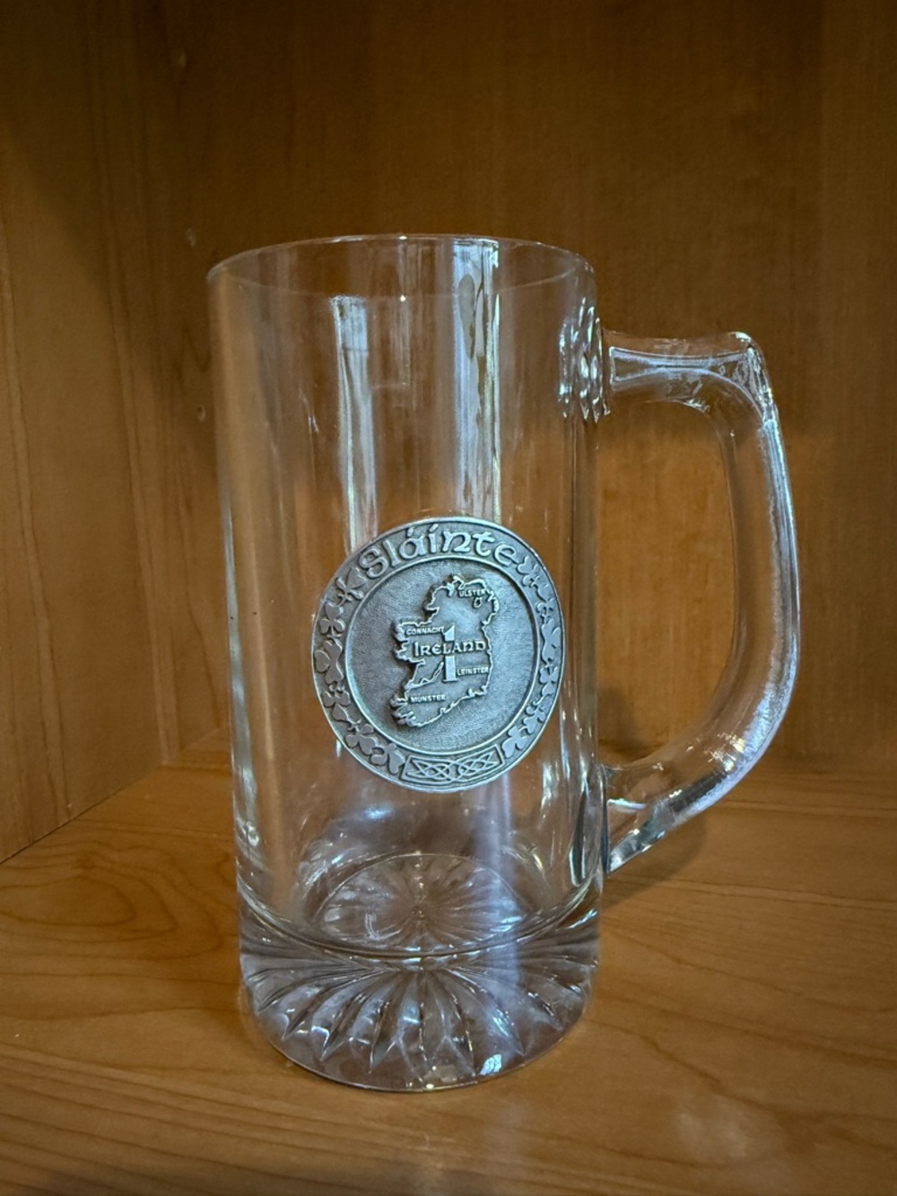 Clear‎ Glass Irish Beer Stein Mug with Pewter Crest Vintage